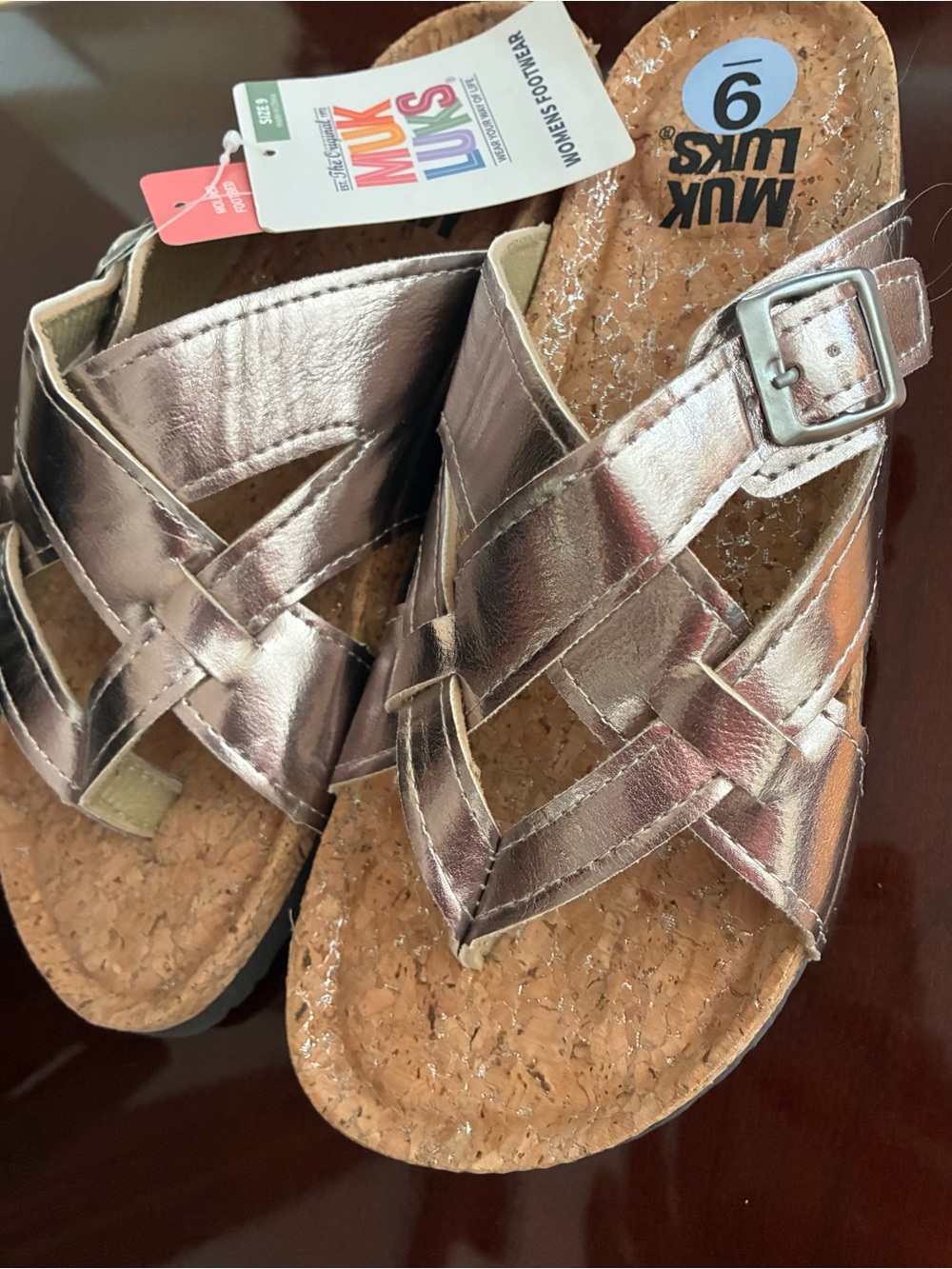 Muk Luks Metallic Pewter Crisscross Cork-Top Sandals - New - NWT - Size 9